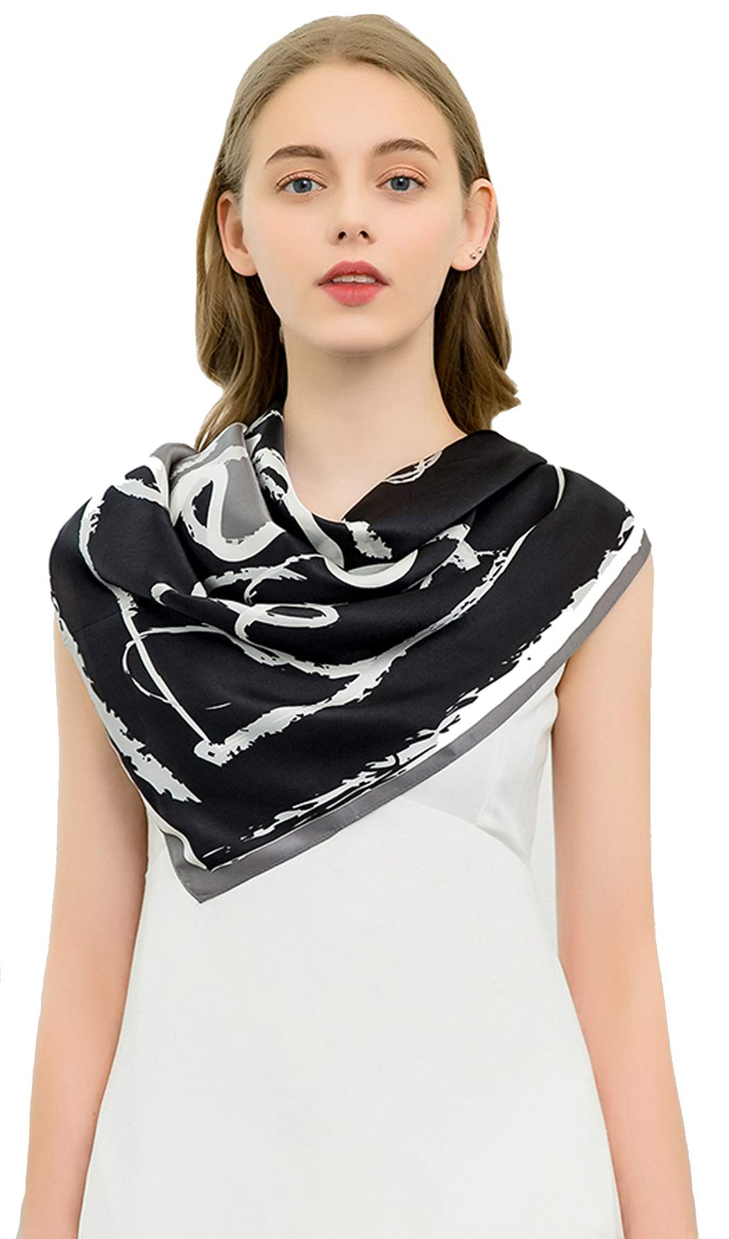 ANDANTINO 100% Pure Mulberry Silk Scarf 35" Large Square Real Silk Headscarf –Women’s Hair Scarves and Wraps (Black)
