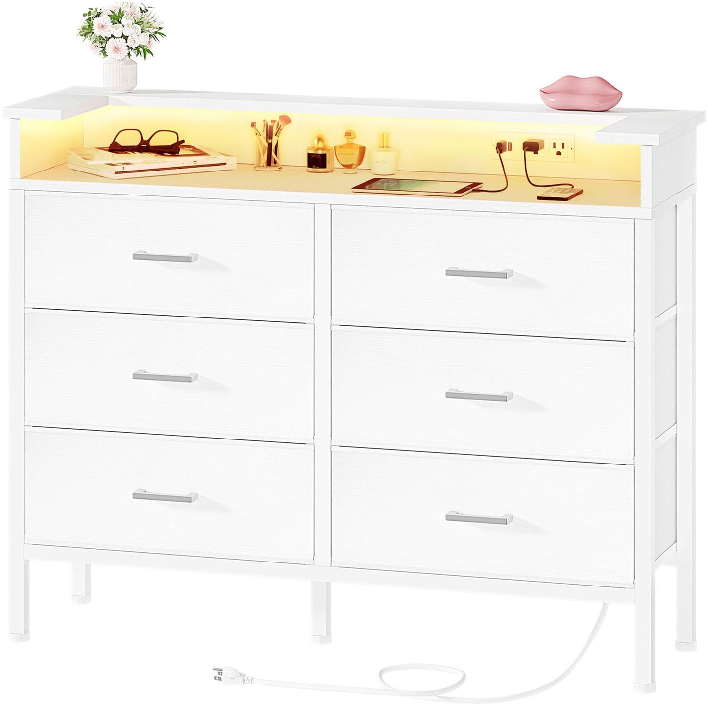 BOLUO White Dresser with LED Light and Charging Station for Bedroom 6 Drawer Dresser with USB Outlet, Fabric Dressers & Chests of Drawers Modern