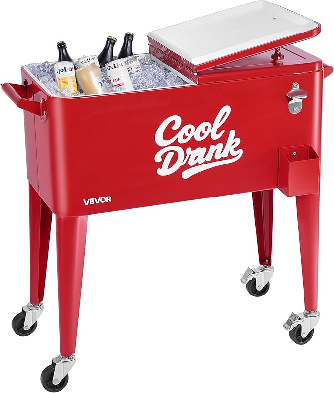 VEVOR 80 Quart Rolling Ice Chest, Holds up to 50 Bottles / 110 Cans, Portable Patio Party Bar Drink Cooler Cart with 4 Swi...