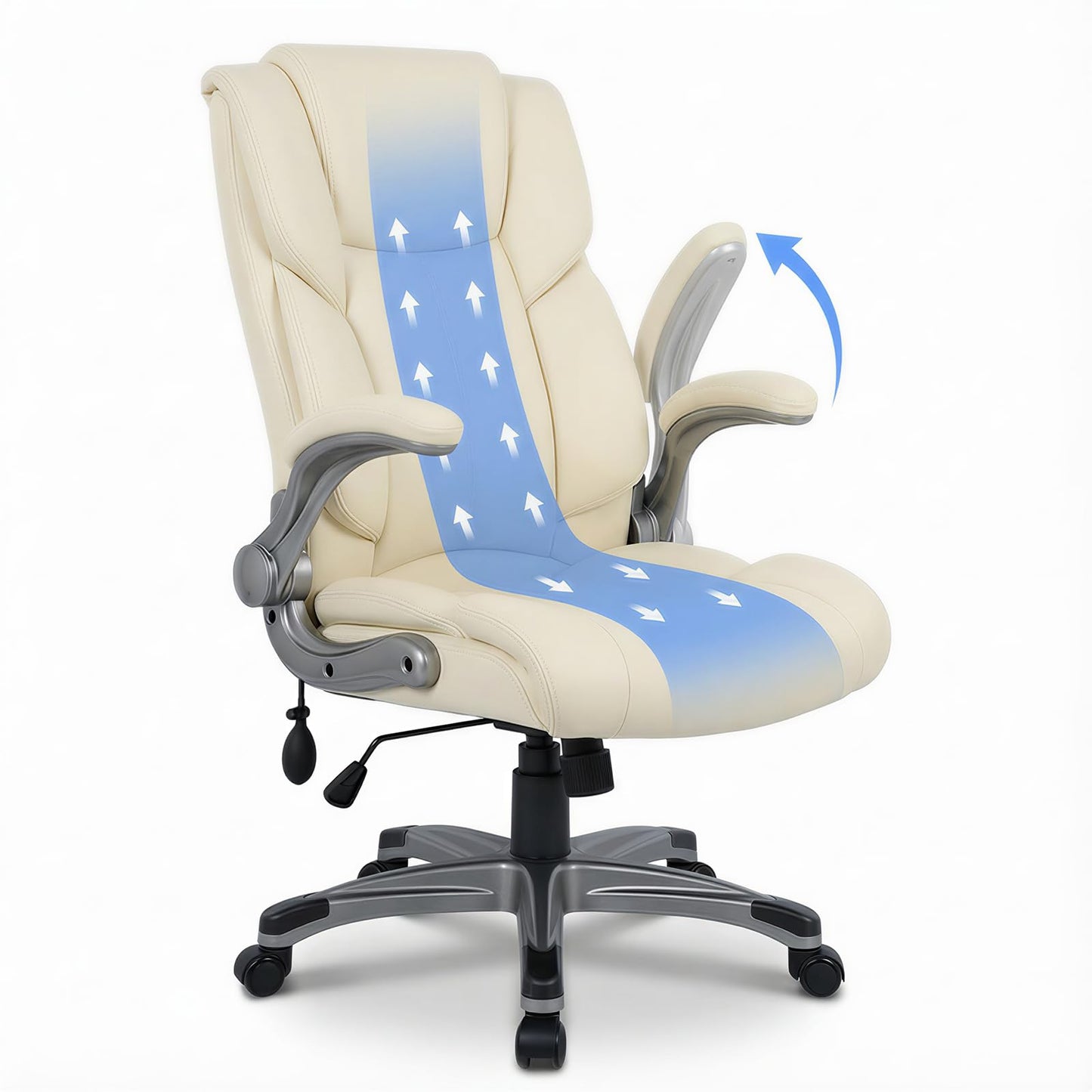COLAMY Ergonomic Executive Office Chair, High-Back PU Leather Desk Chair with Flip-Up Armrests, Adjustable Inflatable Lumbar Support, Thick Seat Cushion, 90–110° Recline, Pearl White