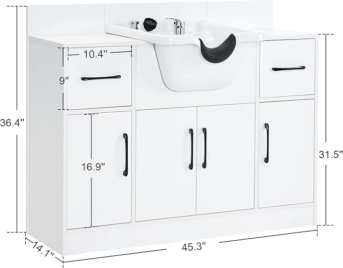 BarberPub Multi-Functional Shampoo Backwash Sink Station with Shampoo Bowl for Hair Stylist, Salon Spa Beauty Cabinet with Faucet Sprayer, Barber Storage Equipment 7139 (White)