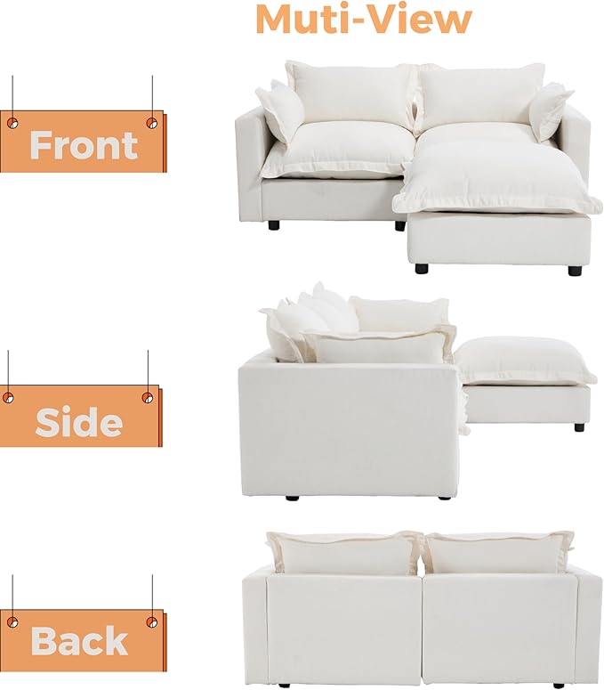 chairus 68" Love Seat Sofa with Ottoman Upholstered Linen Deep Seat Couch with Pillow Modular Oversized Couch Sleeper for Living Room, Bedroom, Reception Room, Apartment, 2-Seater/White