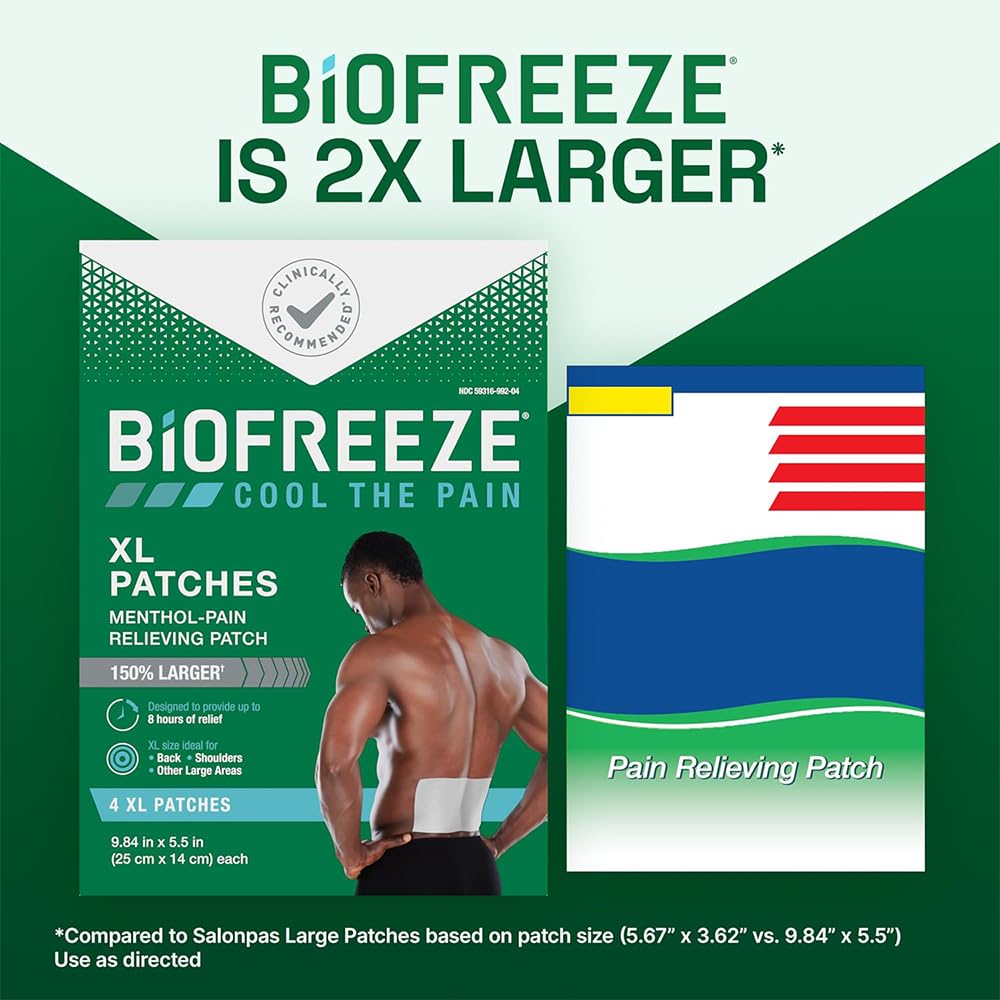 Biofreeze XL Pain Relief Patch, Menthol Pain Patches for Lower Back Pain Relief, XL Patches Ideal for Back & Shoulder, Comfortable & Flexible Fabric Stays, FSA Eligible, 4 ct - Pack of 2