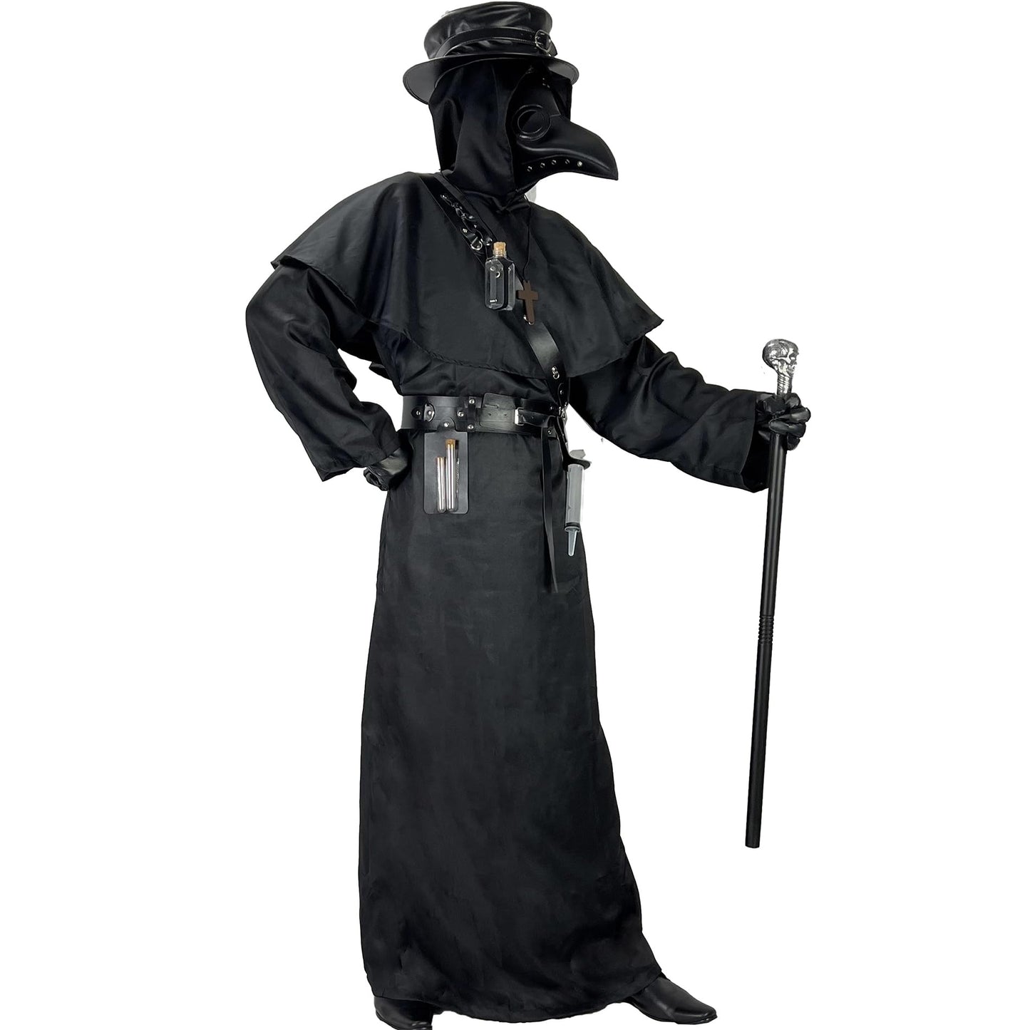 Plague Doctor Costume Set Halloween Props Renaissance Medieval Monk Priest Cosplay Outfit Mask Hat Robe Cane (Black, M)