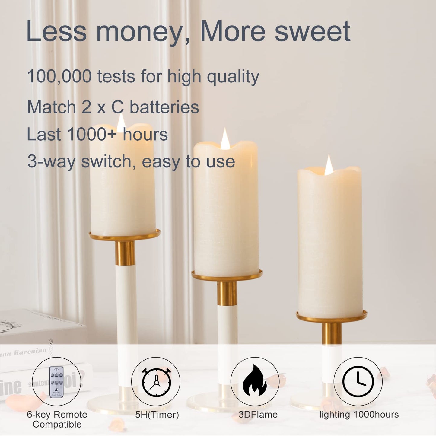 TECHLONG Flameless Candles with Remote Timer, 3D Moving Flickering Flame Battery Operated Candles Lasting 1000+ Hours, 3" x 7" Ivory Real Wax Electric LED Pillar Candles, Set of 2