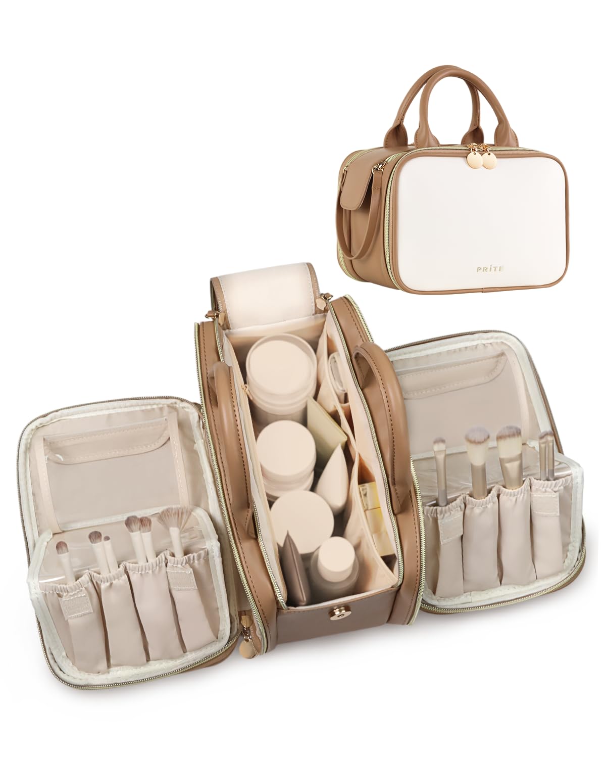 Prite Makeup Bag for Women, Large Capacity Waterproof Travel Cosmetic Organizer, Portable Open Flat Toiletry Bag with Free-standing Brush Holder and Handle(Beige Brown Medium)
