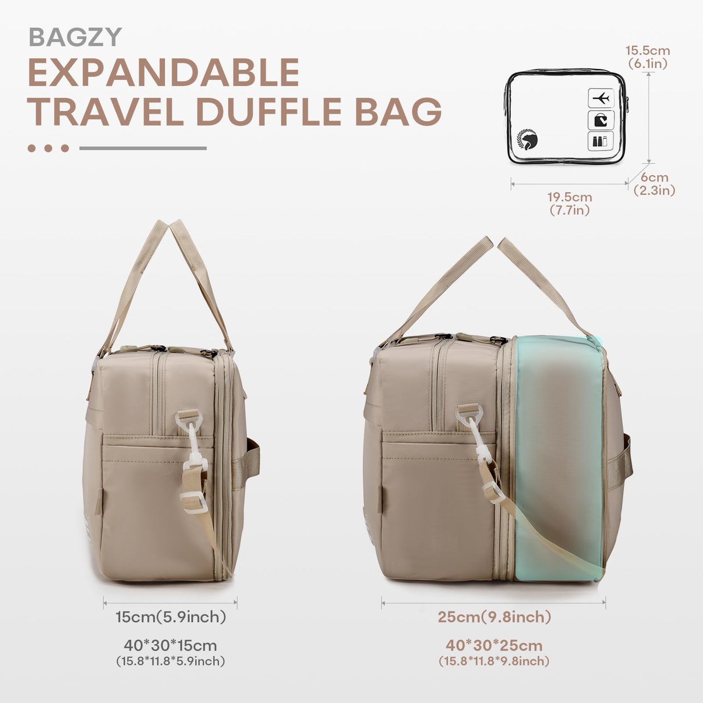BAGZY 40x30x15cm Personal Item Bag Expandable 40x30x25cm Gym Bag Lightweight Travel Duffle Bag Mens Weekender Bags for Women with Wet Pocket for Overnight Hospital Carry on Bags for Airplanes Black