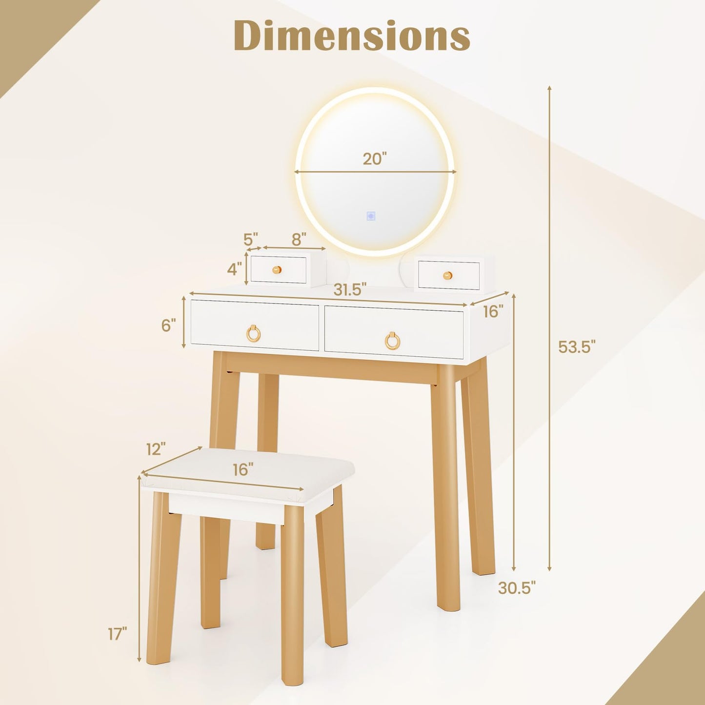 COSTWAY Vanity Table Set with LED Lighted Mirror, Makeup Dressing Table Set with 3 Color Lighting Modes & Adjustable Brightness, Vanity Desk with Cushioned Stool for Women, Girls, White