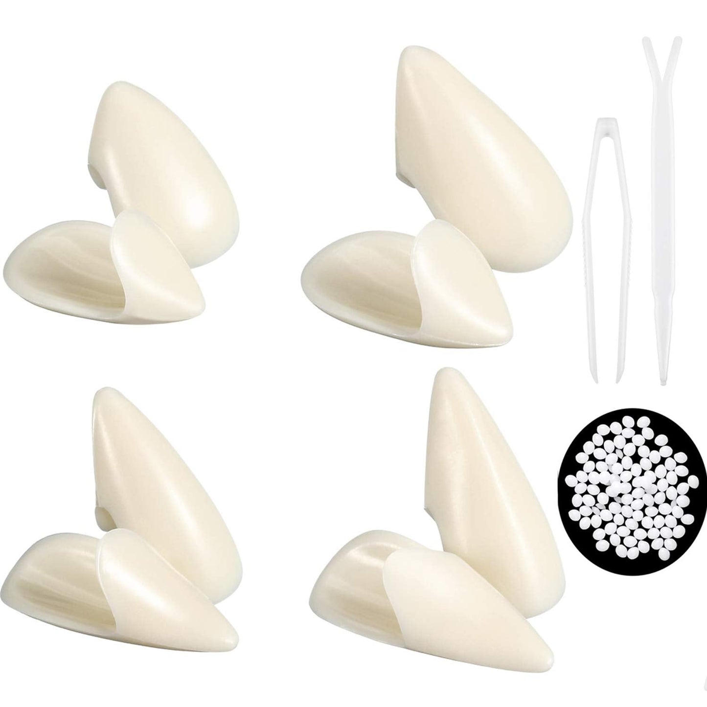 BBTO Set of 8 Vampire Teeth 4 Size Halloween Cosplay Fangs Fake Teeth with Tooth Pellets Adhesive Installation Tools and Instruction Halloween Party Cosplay Dentures Prop(White)