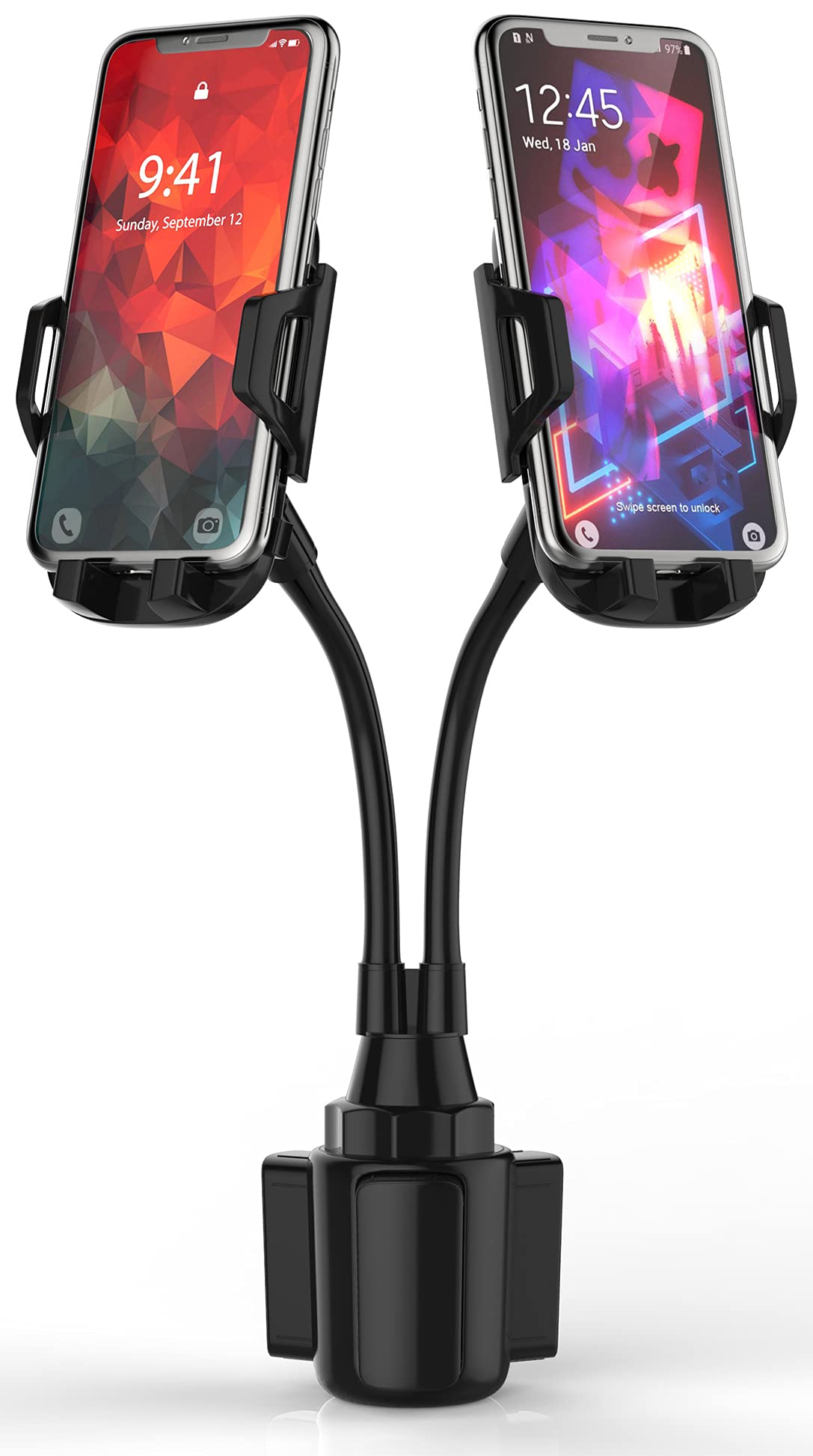 Caviana Dual Phone Holder For Car Cup Holder - Long Flexible Neck, 360 Rotatable Car Phone Mount - Adjustable Cell Cup Holder, U