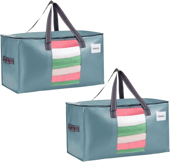 VENO 2 Pack Moving Bags, Comforter and Blanket Storage Bags for Closet, Moving Boxes, Boxes with Lids Alternative, College Dorm Packing Supplies, Foldable Heavy-Duty Tote (Shiny Light Blue, 2 Pack)