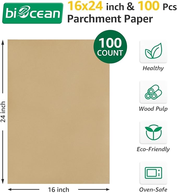 100Pcs 16x24 In Unbleached Parchment Paper Sheets - Heavy Duty Precut Baking Paper, Non-Stick & Non-Toxic for Air Fryer, Oven, Steaming - Bake Cookies, Cake, Bread