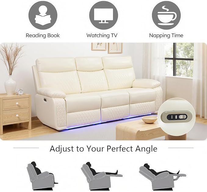 Toseslo Power Recliner Sofa Sectional Couches with LED Light, Leather Reclining 3-Seat Sofa, Living Room Furniture, Reclining Sofa with Cup Holders/Storage Console for House(Vanilla White)