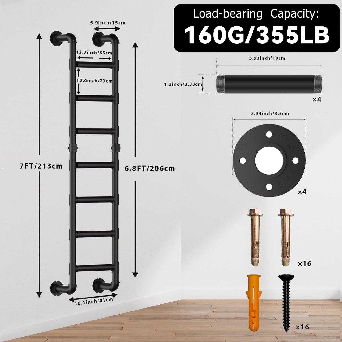 Black 7-Step Wall Mounted Ladder, 7FT Steel Egress Window Well & Loft Ladder for Attic Basement Gym – Wall/Floor-Mounted Indoor Climb for Small Spaces & Storage Access