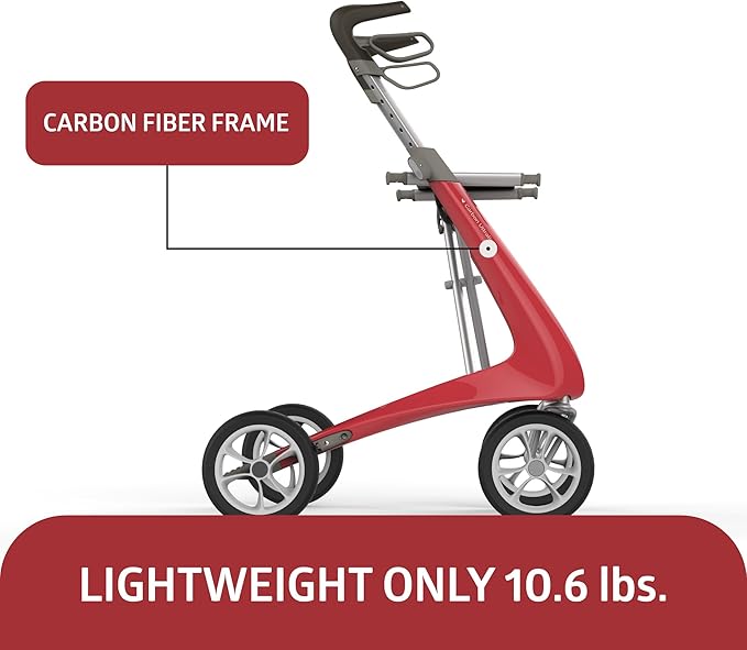 byACRE Carbon Ultralight Rollator Walker with Organizer Bag, Red, Regular Track