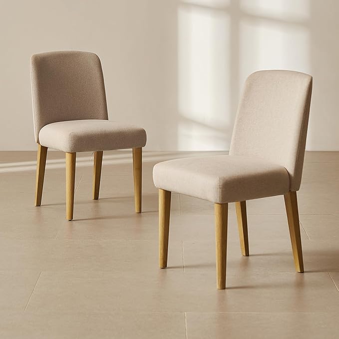 mopio Logan Upholstered Beige Parson Dining Chair Set of 2, Modern Farmhouse Solid Light Oak Wood with Ergonomic Curved Back Rest for Dining Room and Kitchen
