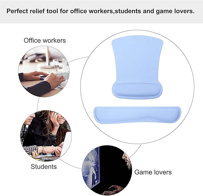 MOSISO Wrist Rest Support for Mouse Pad & Keyboard Set, Ergonomic Mousepad Non-Slip Base Home/Office Pain Relief & Easy Typing Cushion with Neoprene Cloth & Raised Memory Foam, Air Blue