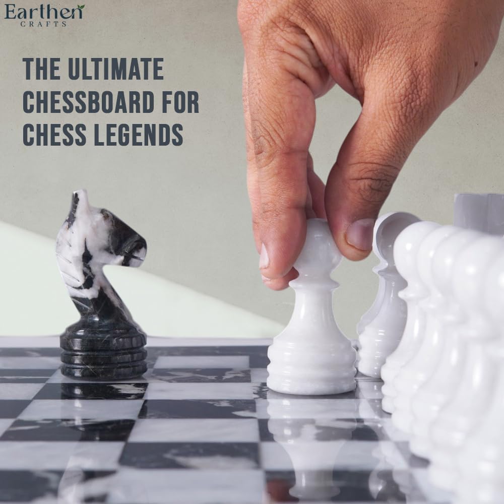 Earthen Crafts Marble Chess Set Black & White 15" Inch with Storage Box for Tournament Beginners and Professional Players, Ideal Board Game Set with Chess Pieces for All Ages