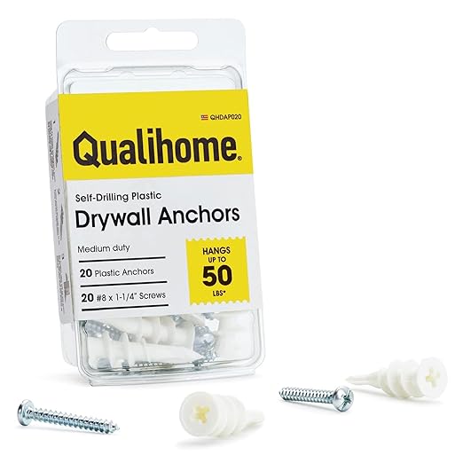 Qualihome Drywall Anchors with Screws – 40 Piece Set (20 Anchors + 20#8 x 1-1/4" Screws) | Self Drilling Drywall Anchors Heavy Duty | Wall Anchors for Drywall | Plastic Screw Anchor Kit