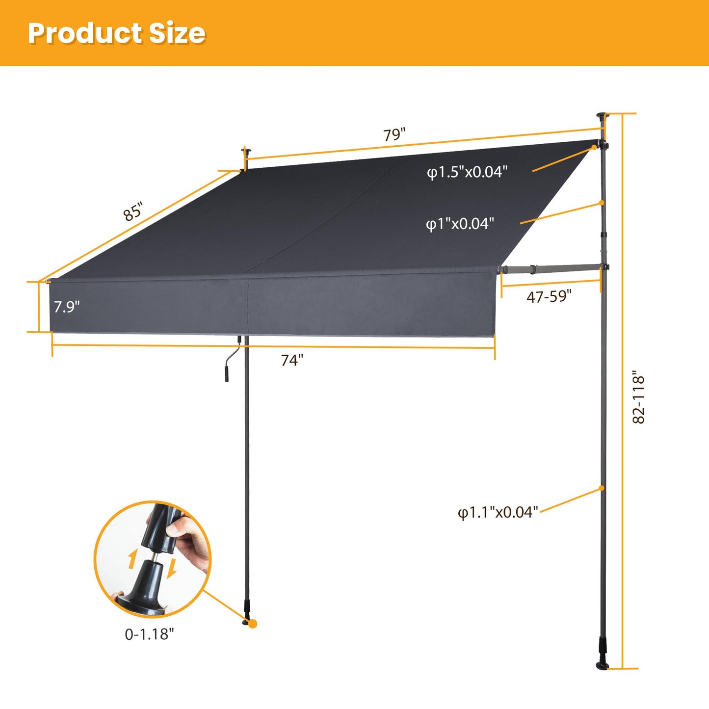 HOMEDEMO Manual Retractable Awning 79" W x 118" H,Side Bar 47-59in Patio Awning Retractable Outdoor Sunshade Shelter Height Adjustable Sunsetter Retractable Awning UV Protection for Backyard Garden