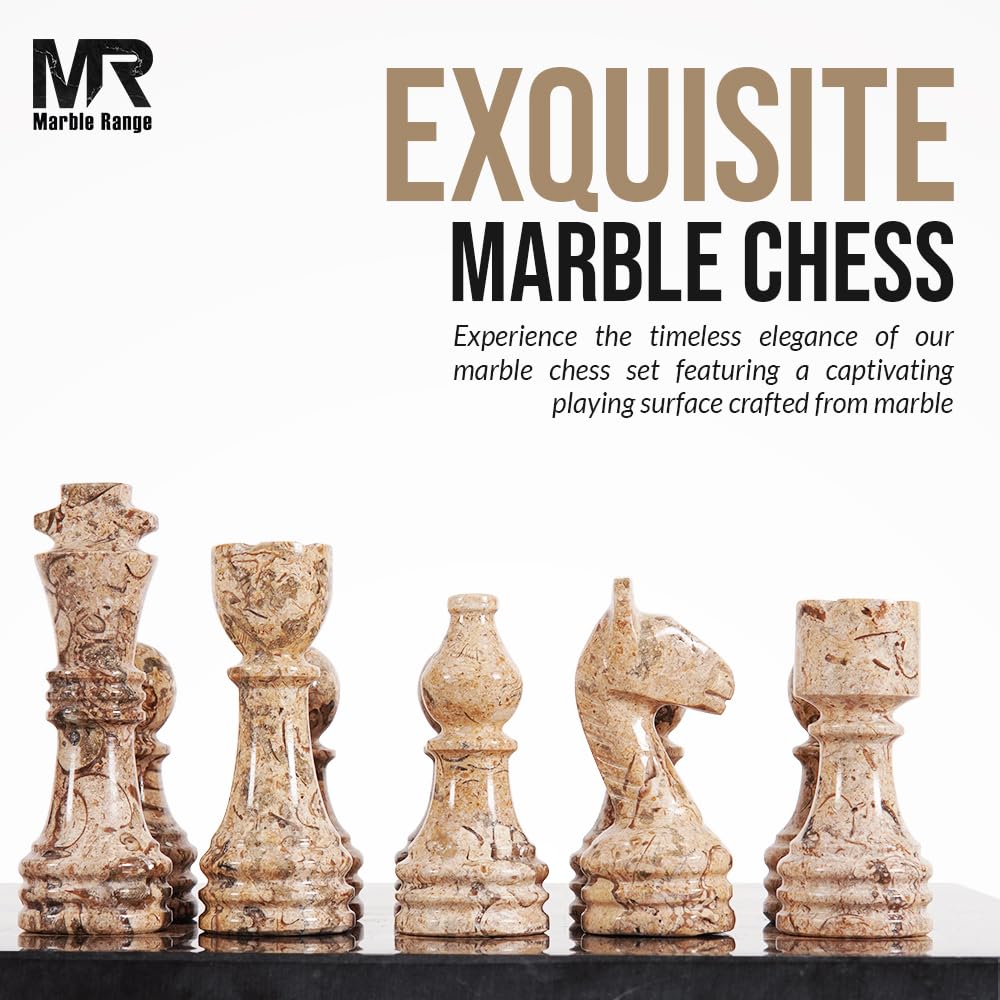 Marble Chess Set for Adults 15" Handmade Black & Coral Board Game with 32 Chess Pieces, 2 Extra Queens & Storage Box, Luxury Travel Game – Elegant for Home Decor