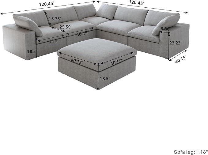 Cloud Couch Modular Sectional Sofa with Storage Ottomans,160.6" Down Filled 6 Seater Convertible Sectional Sofas,V Shaped Gray Couch for Living Room,Covers Washable&Replaceable