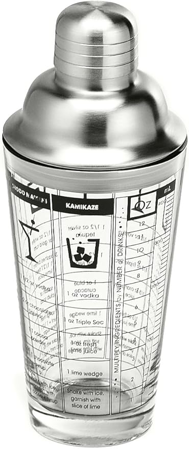 Outset Bartending Tool, Glass Cocktail Shaker With Measurements and Drink Recipes, 12oz, Stainless Steel Strainer lid