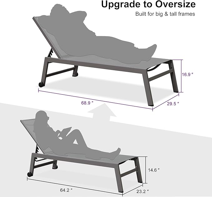 PURPLE LEAF Outdoor Chaise Lounge Set for 2 Oversized Pool Lounge Chairs with Easy-to-Move Wheels and Adjustable Backrest Extra Large Patio Loungers for Poolside Deck Beach Table Included, Light Grey