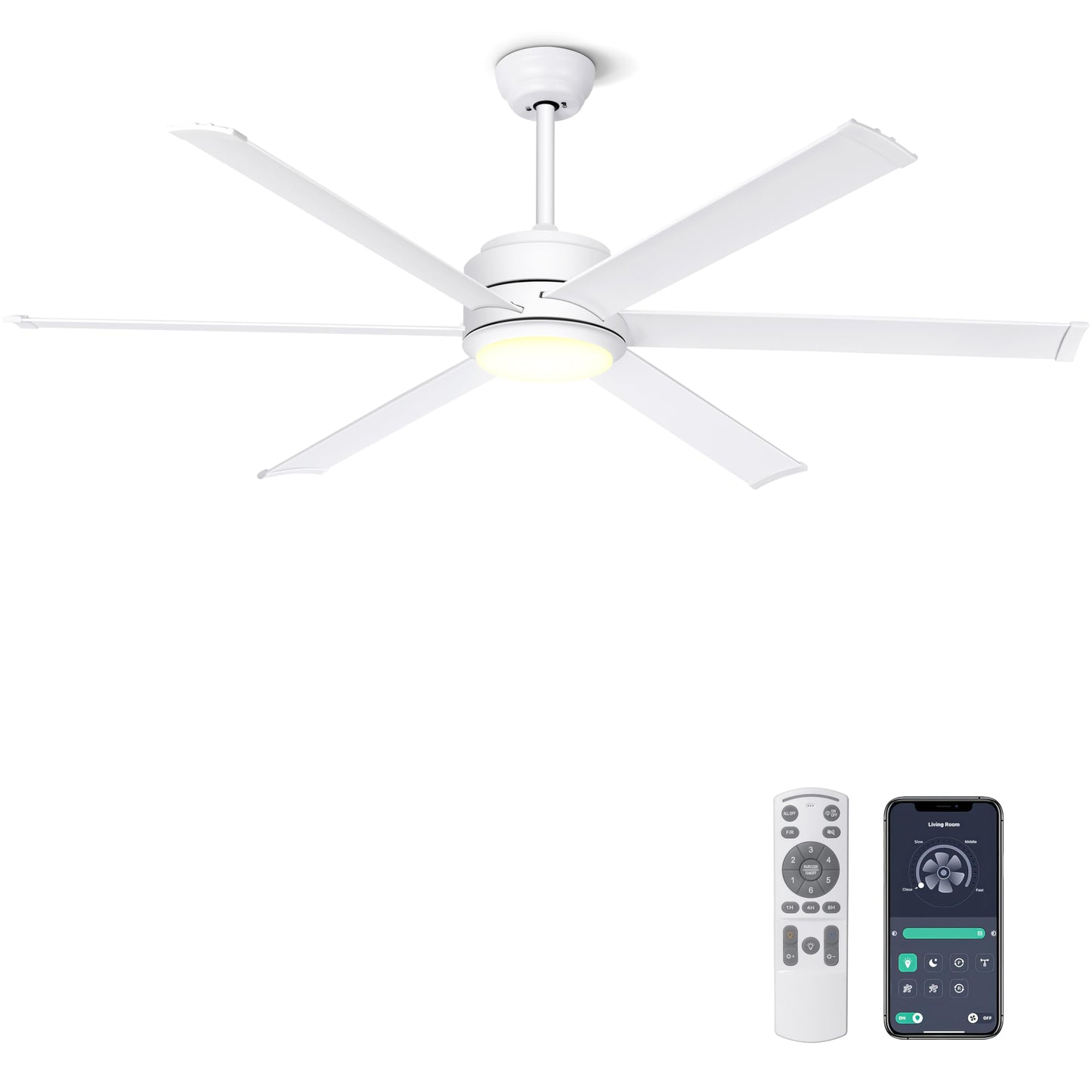 Ohniyou 60" Industrial Ceiling Fan with Lights - Remote & APP Control, Dimmable, DC Motor, Indoor Outdoor Fan for Patio Living Room, White