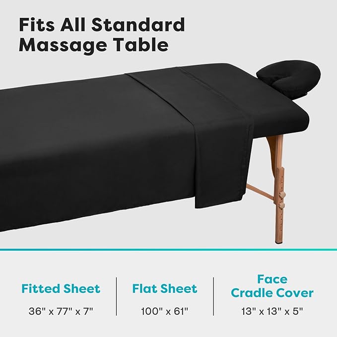 Comfyanno Massage Table Sheets Sets, 3 Pcs Professional Microfiber Massage Bed Cover Sheets, Soft, Light-Weight, Stain & Wrinkle Resistant, Includes Flat & Fitted Sheet, Face Cradle Cover - Black