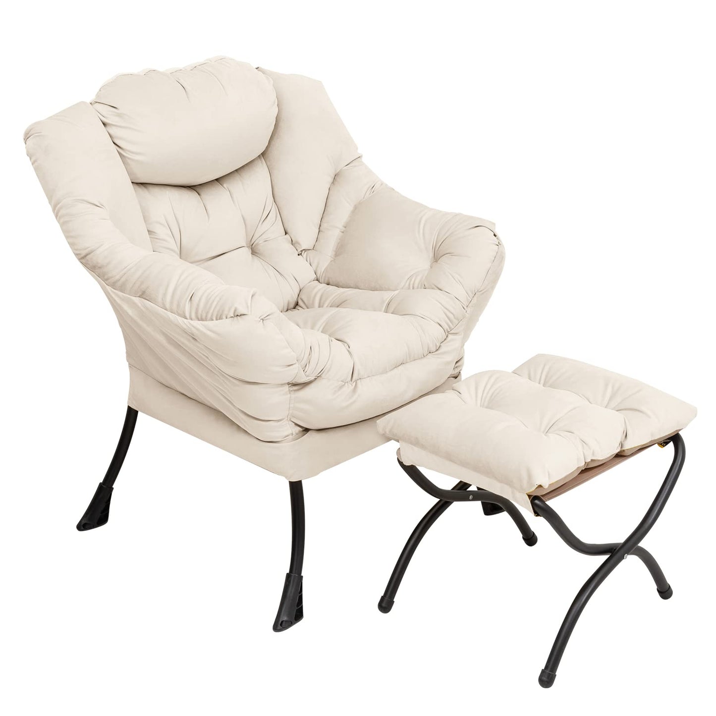 Lazy Chair with Ottoman, Modern Chair with Folding Footrest, Lounge Accent Chair, Comfortable Reading Chair, Oversized Armchairs for Bedroom, Study, Living Room, Courtyard (Beige)