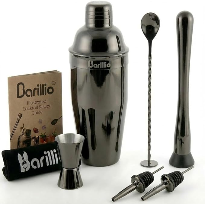 Barillio Black Mixology Bartender Kit - 8-Pc Stainless-Steel Travel Cocktail Shaker Set with Bag - Bar Tools w/Martini Sha...