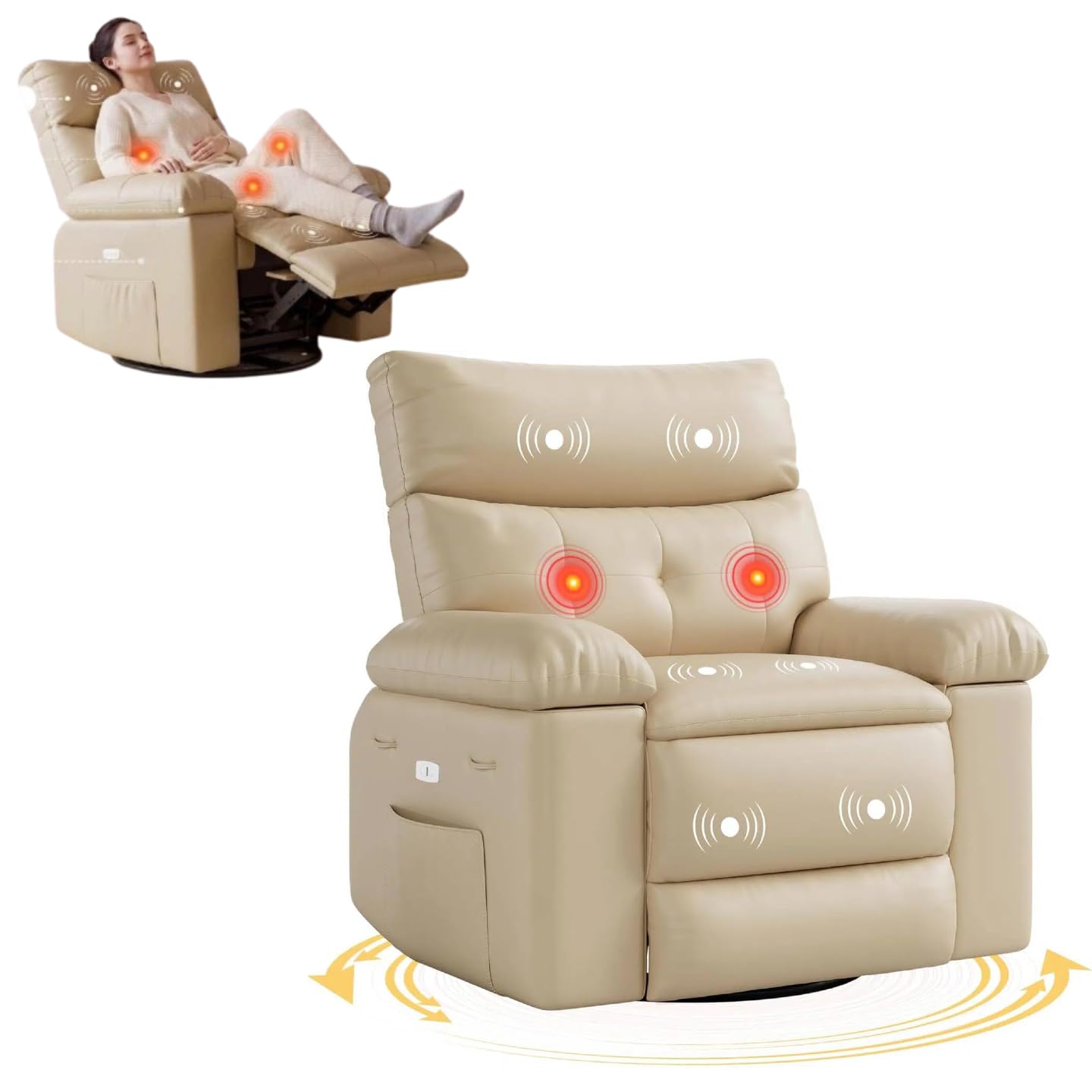 Swivel Rocker Recliner Chair, Massage Recliner Chair with Heat, 360° Swivel PU Leather Manual Recliner for Adults, Long Sitting Fatigue Relief and Shoulder Neck Relaxation, Beige