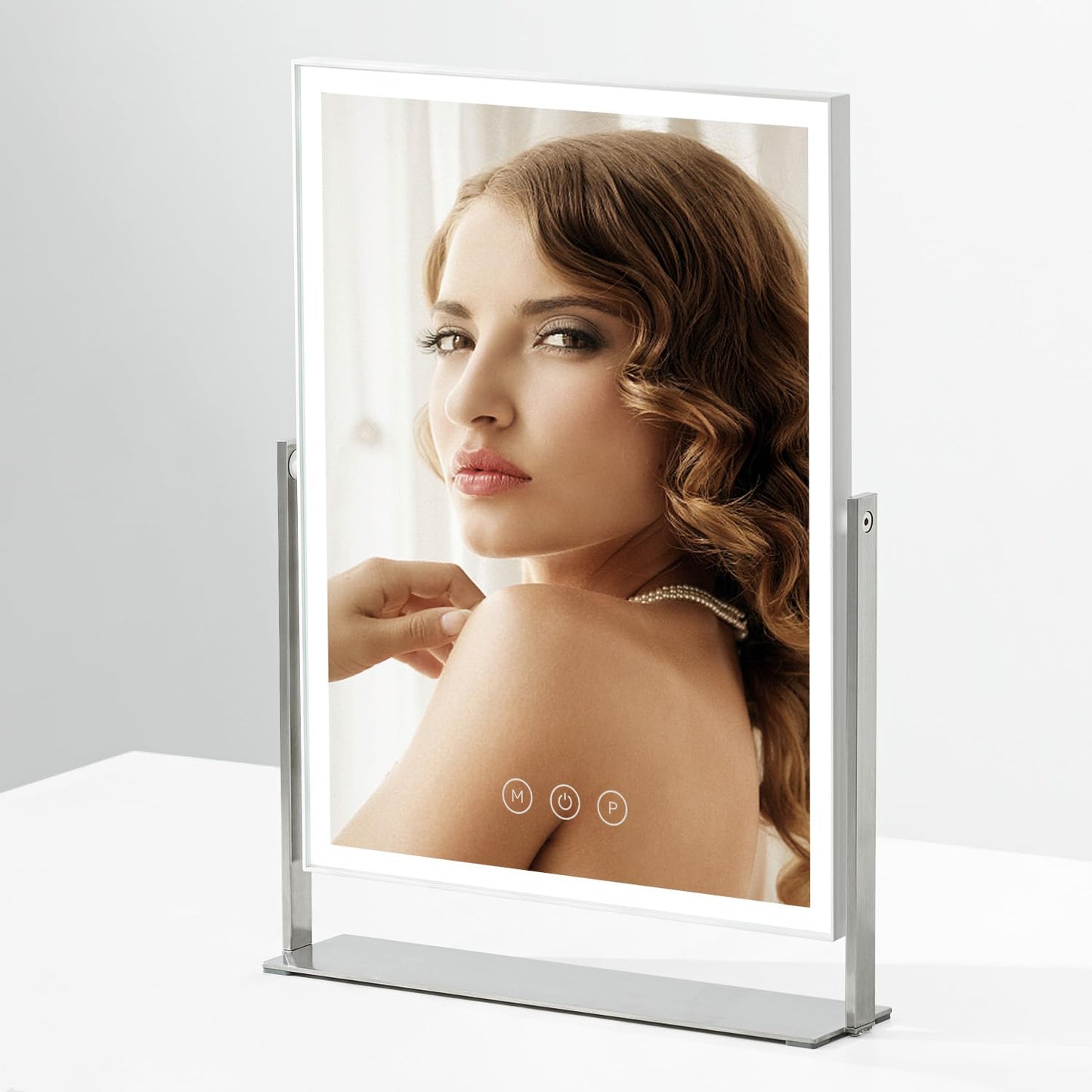 NEZZOE 14 Inch Rechargeable Lighted Makeup Mirror, Vanity Mirror with 104 LED Lights, Rectangular Desk Mirror with Light, Metal