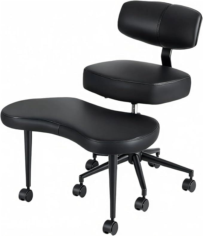 DUMOS Ergonomic ADHD Cross Legged Office Desk Chair with Adjustable Backrest, Height Adjustbale Meditation Chair with 360° Swivel Footstool, PU Leather Yoga Stool for Home Office, Black