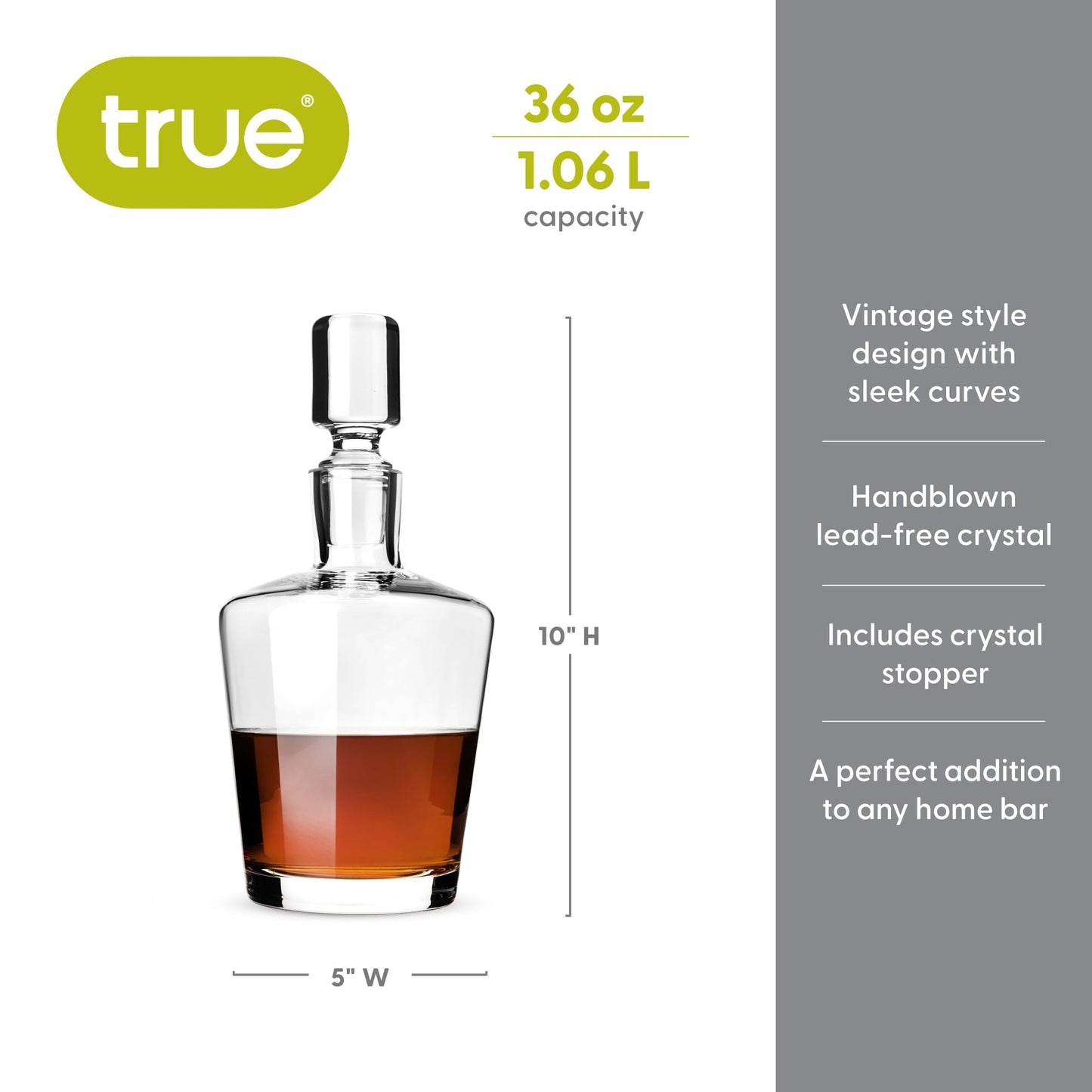 True Rothwell Whiskey Decanter with Airtight Stopper, Liquor Decanters for Bourbon Scotch Vodka Gin Cocktail Party Home Bar Accessories 36 oz Set of 1