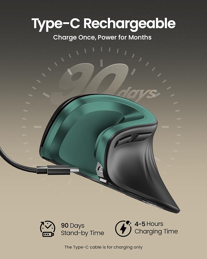 ProtoArc Ergonomic Mouse, EM11 NL Bluetooth Rechargeable Wireless Vertical Mouse, 3 Multi-Device Connectivity for Computer/PC/Laptop, 2.4GHz USB-A Optical Mice for Windows, Mac OS, Green