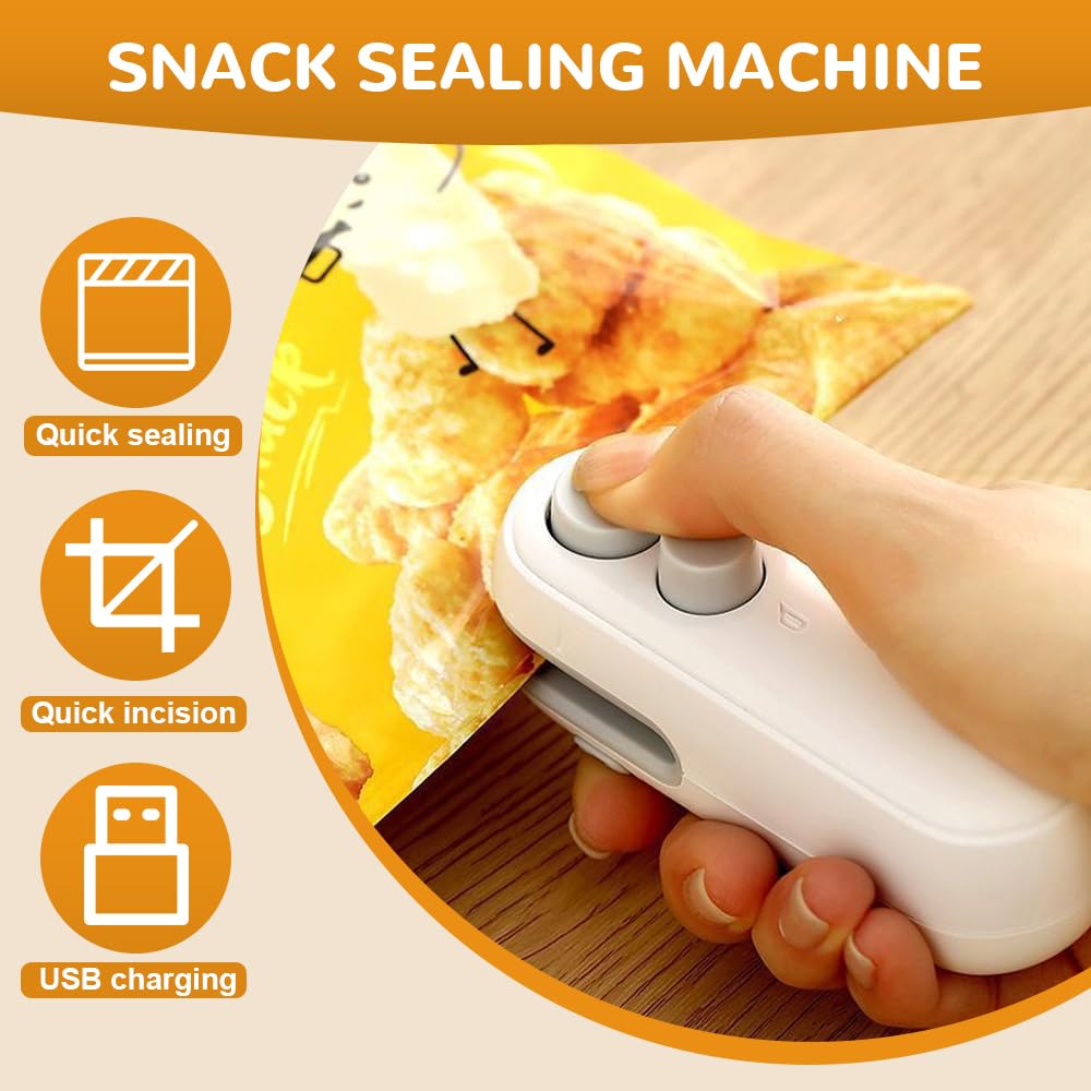 Mini Bag Sealer, 2025 Upgraded 2 in 1 Mini Bag Sealer with Cutter and Magnet, Rechargeable Mini Bags Sealer Portable Resealer Machine for Snack Plastic Bags Food Storage Travel (1, White)