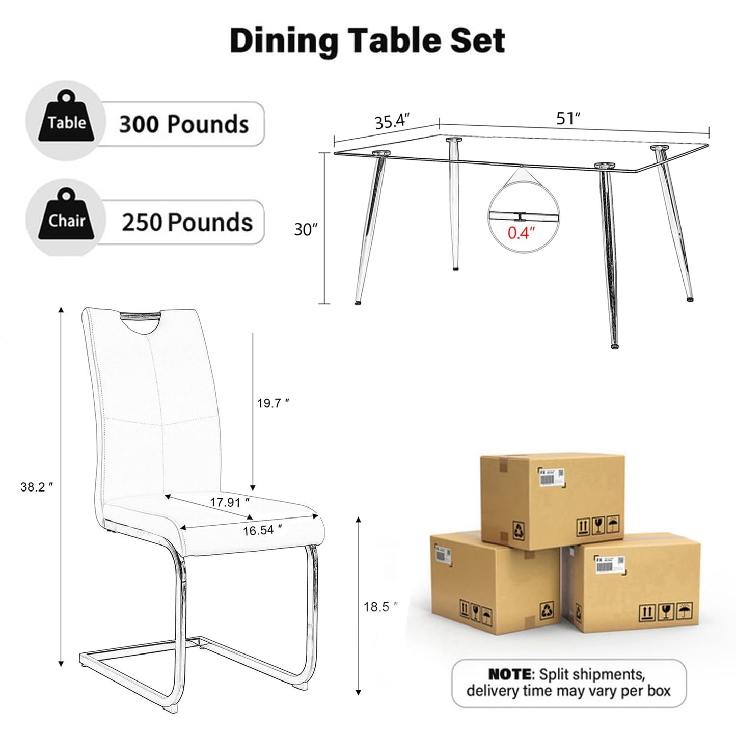 KATBOC 51" Modern 5-Piece Dining Table Set for 4 Rectangular Glass Table with 4 Upholstered Leather Chairs, Seats 4 Ideal for Kitchen Dining Room(White&Gold)