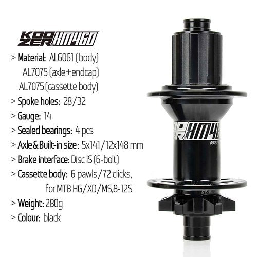 Enjcyling Boost MTB Rear Hub, 28 Holes 28H 10x141mm QR Hubs, Black 6 Pawls 72 Click Sound Disc Brake Bearing Hubs HG, for KOOZER XM460, Compatible with Shimano MTB 8-11S&SRAM PG 8-12S