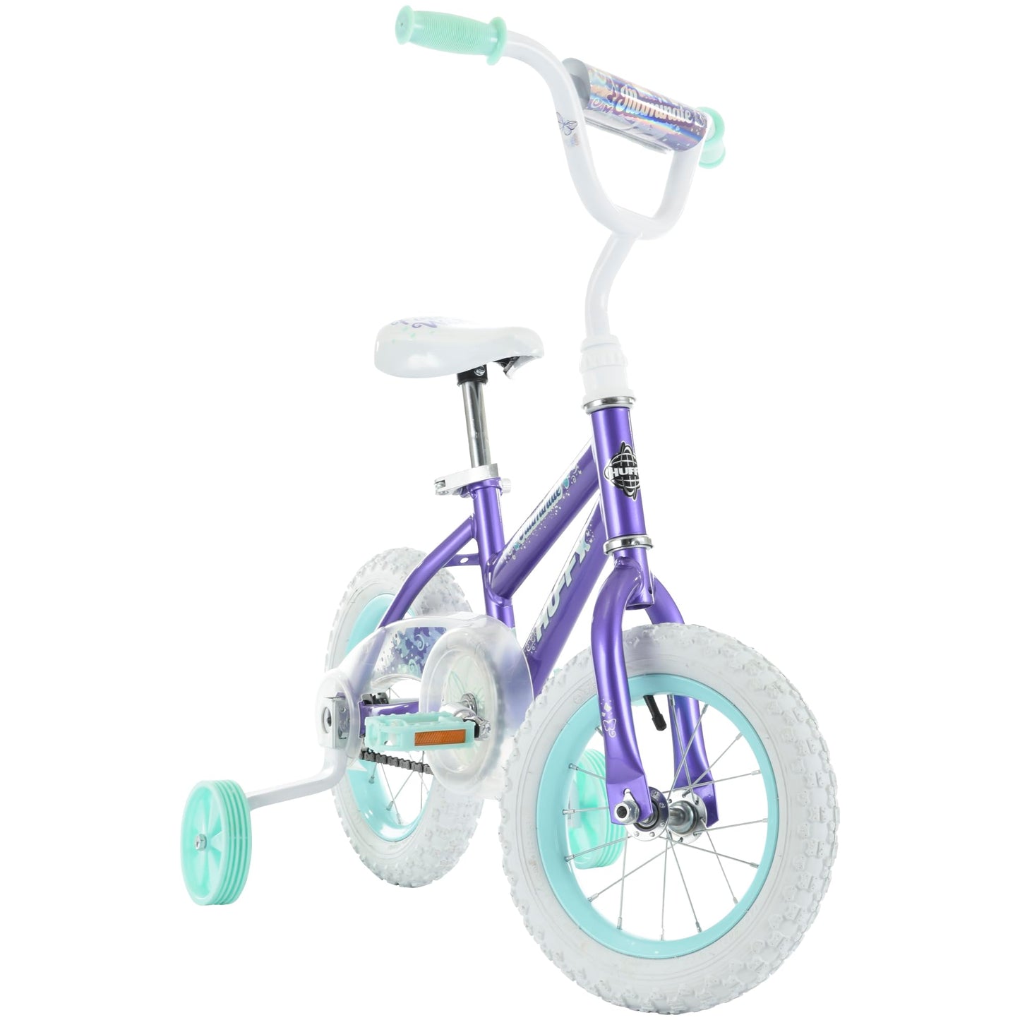 Huffy Illuminate 12” Girl’s Bike with Removable Training Wheels, Amethyst Purple Frame with Butterfly Graphics, Chain Guard, White Tires and Teal Rims