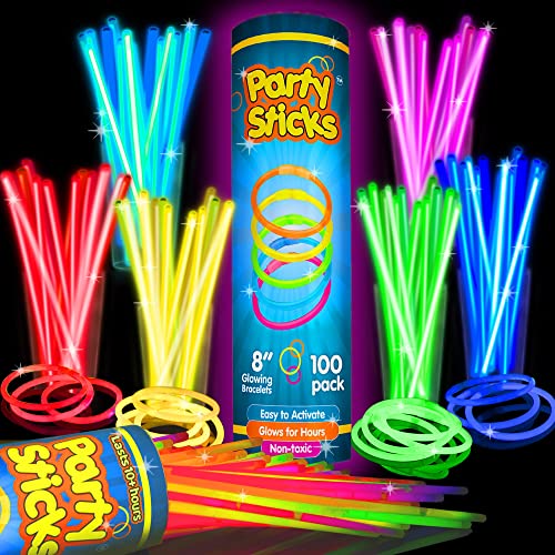 PartySticks Glow Sticks Party Supplies 100pk - 8 Inch Glow in the Dark Light Up Sticks Party Favors, Glow Party Decoration...