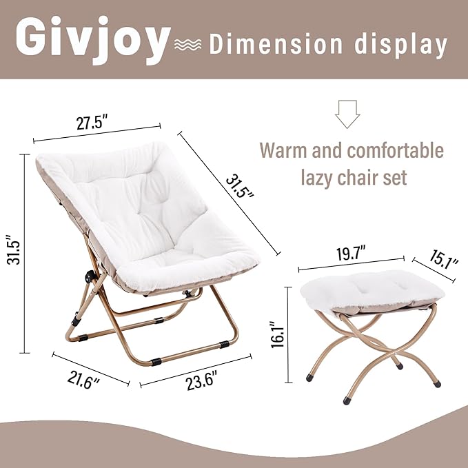 Givjoy Comfy Folded Chair with Ottoman, Oversized Folding Faux Fur Chair Soft Furry Lounge Lazy Chair with Metal Frame Moon Chair Accent Chair for Bedroom, Living Room, Dorm Rooms