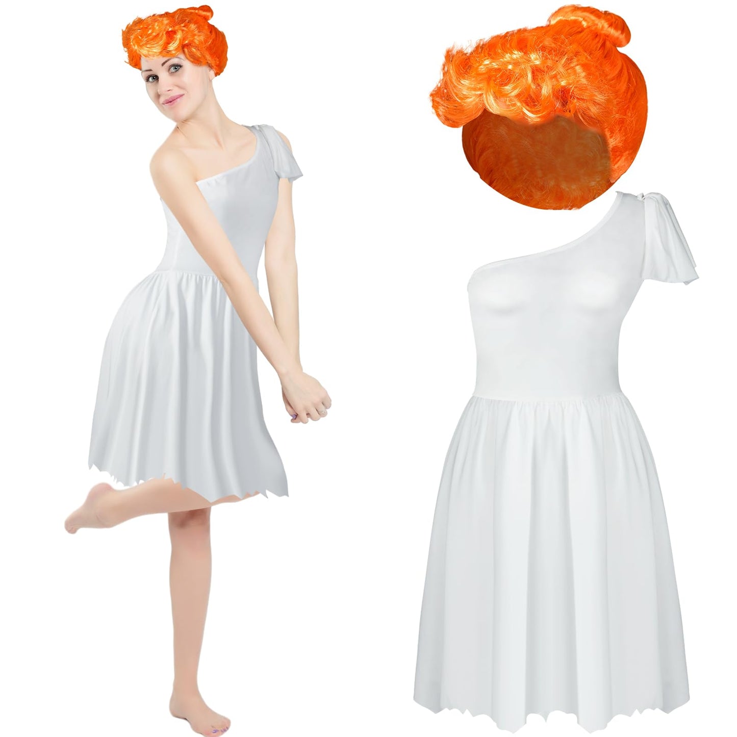 Liitrsh Halloween Women Caveman Costume Set White Dress Orange Wig for Couple Family Stone Period Theme Party Cosplay(XLarge)