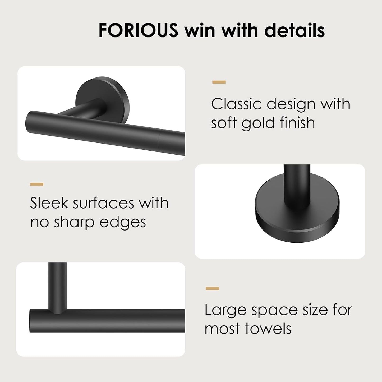 FORIOUS Black Towel Bar for Bathroom Wall, 24 Inch Stainless Steel Towel Racks for Bathroom, Includes Wall Mounting Hardware (Matte Black,Total Length 26-Inch)