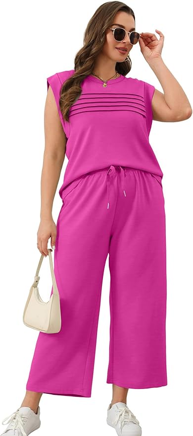 WIHOLL 2 Piece Sets for Women Summer Lounge Sets Travel Vacation Outfits Cap Sleeve Sweatsuit Side Slit Wide Leg Pants S-3XL