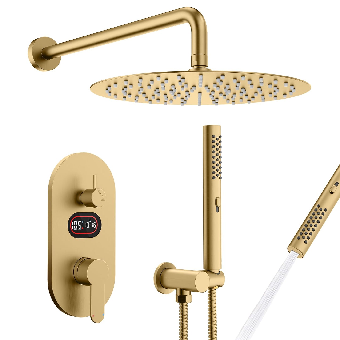 Round Shower Faucet Set with Hydro Power Temperature Display, Shower System Bathroom 10 Inch Shower Head with Handheld Spray, Wall Mounted Shower Fixtures with Shower Valve and Trim Kit, Brushed Gold