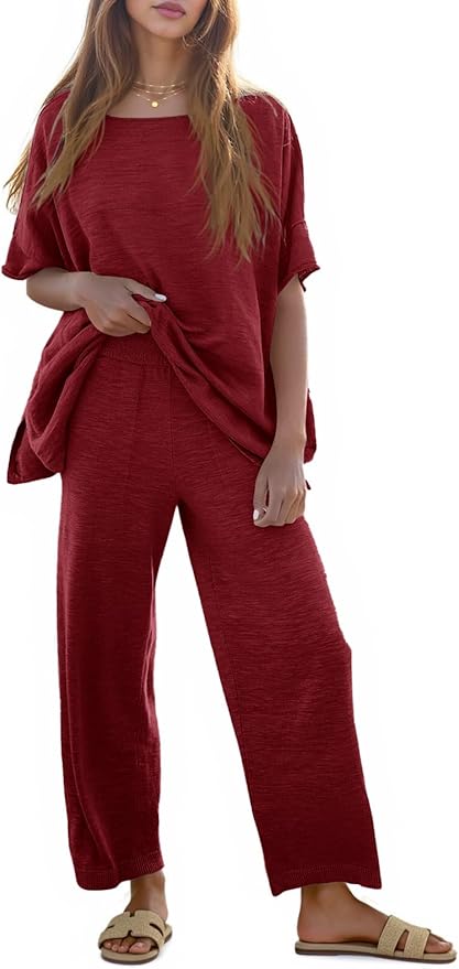 Tankaneo Women's 2 Piece Travel Outfits Casual Short Sleeve Knit Sweater Set Wide Leg Pants Lounge Sets Tracksuit