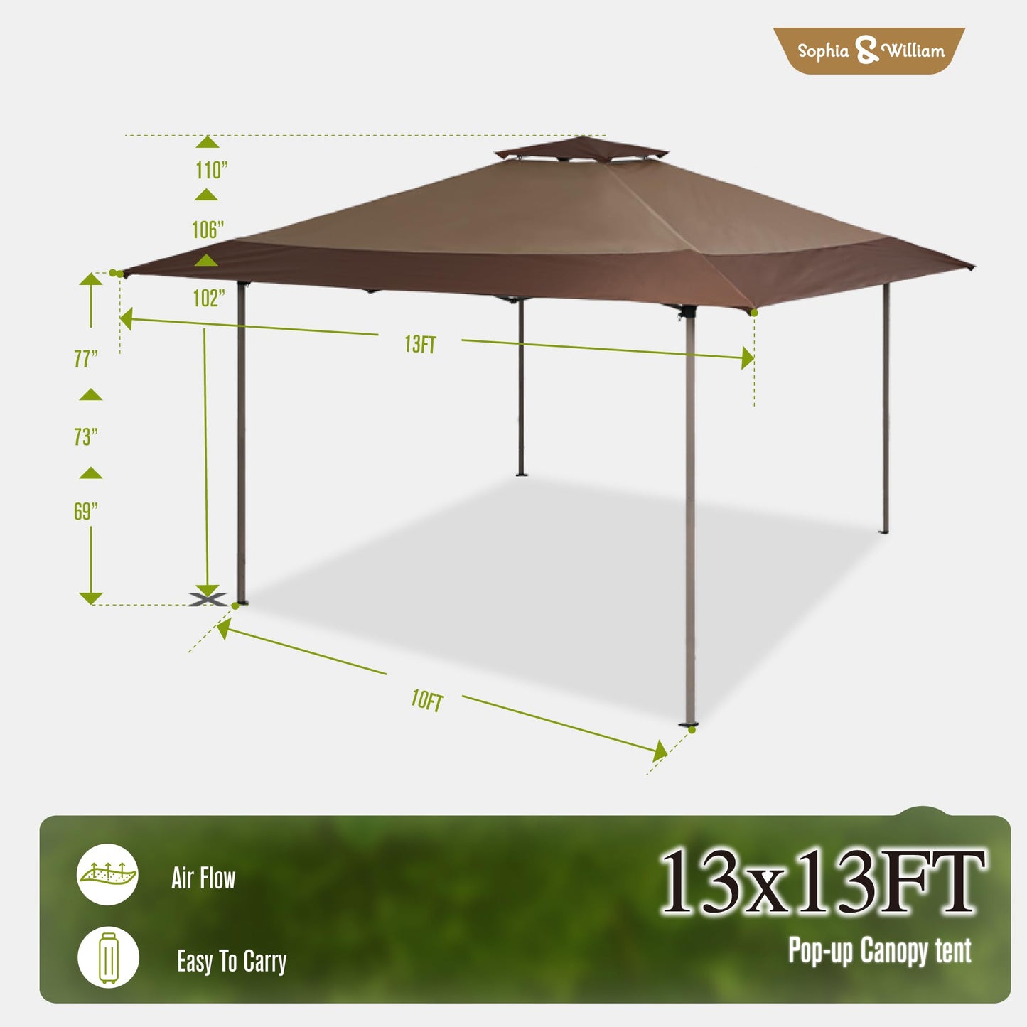 Canopy Tent Pop Up 13x13 ft, Outdoor Patio Portable Commercial Canopies Shelter Heavy Duty Straight Legs with Roller Bag, 8 Stakes, 4 Guy Ropes, UPF50+, Brown, Sophia & William