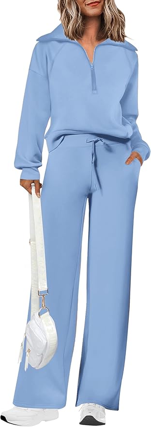 PRETTYGARDEN Women's 2 Piece Outfits Casual Lapel Half Zip Sweatshirts and Wide Leg Pants Tracksuit Sets